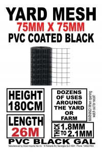 Galvanized Wire Mesh Fencing 1800mm x 26m - DELIVERED 75mm x 75mm Squares BLACK
